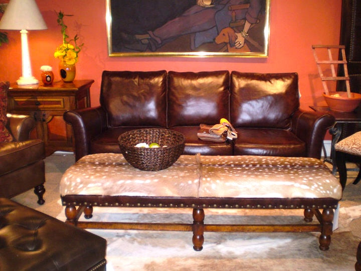 Berro bench with Axis hide upholstery shown with leather living room furniture - Your Western Decor