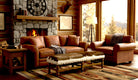 Cozy living room with brown leather sofa, ottoman, and stone fireplace - Your Western Decor
