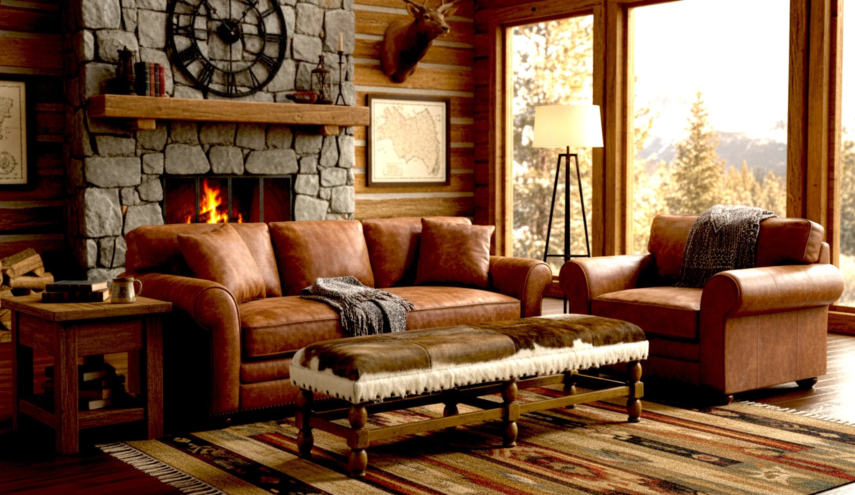 Cozy living room with brown leather sofa, ottoman, and stone fireplace - Your Western Decor