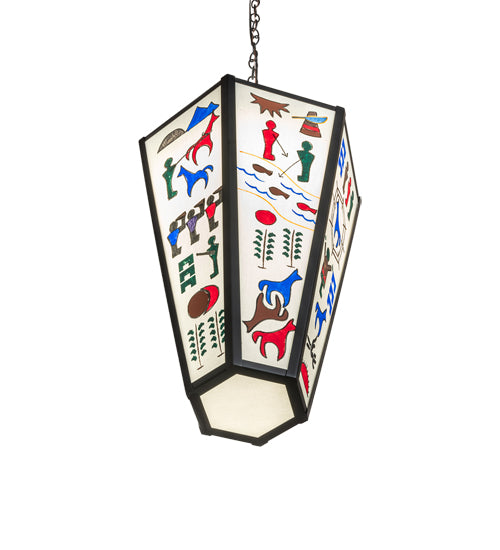 Bottom angle of Hexagon pendant light with hand-painted marble lens and black metal frame in southwestern and western decor style