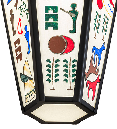 Western lantern pendant light with colorful pictograph designs hanging from chain in rustic lodge style interior lighting