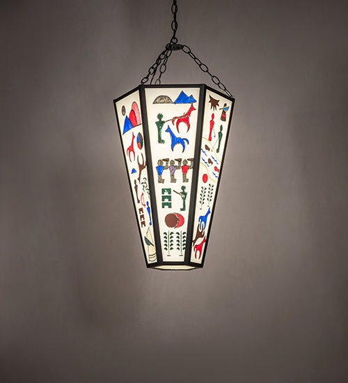 Southwestern pendant light with Native-inspired art panels in black lantern frame handcrafted in USA for western home lighting