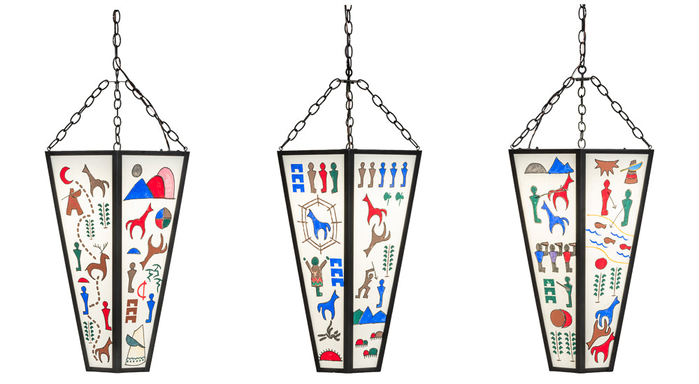 3 Southwestern pendant lights with Native-inspired art panels in black lantern frame handcrafted in USA for Southwestern home lighting