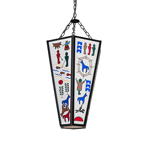 Handcrafted southwest pendant light fixture with geometric Native symbols and LED lighting for ranch home entryway