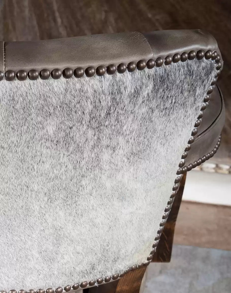 Western swivel bar chair in tufted grey leather and brindle cowhide - made in the USA - Your Western Decor