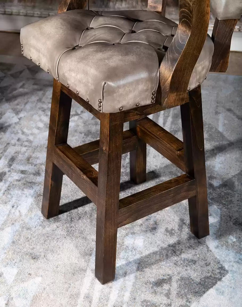 Grey leather bar stool with tufted seats and Alder wood frame with swivel - American made bar chairs - Your Western Decor