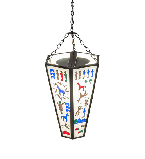 Hexagon pendant light with hand-painted marble lens and black metal frame in southwestern and western decor style