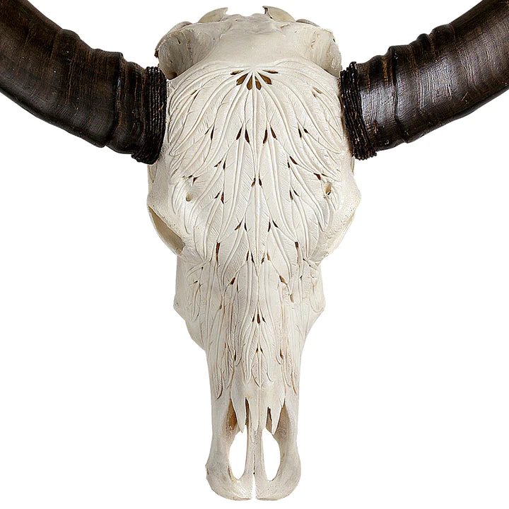 Buffalo Feathers Carved Skull in White  Finish - Your Western Decor