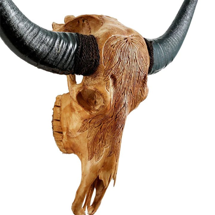 Buffalo Feathers Carved Skull in Antique Finish - Your Western Decor