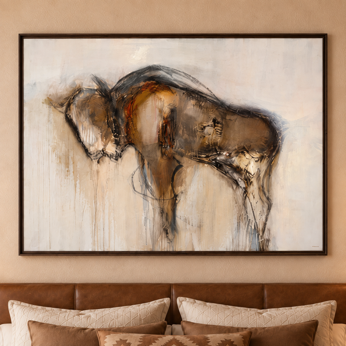Large framed abstract canvas art featuring a dark brown and beige gestural bison figure on a warm off-white background, displayed above a brown leather headboard with neutral pillows.