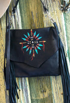 Black Arapaho Painted Horizon deerskin leather handbag with hand-painted motif, long fringe and crossbody strap