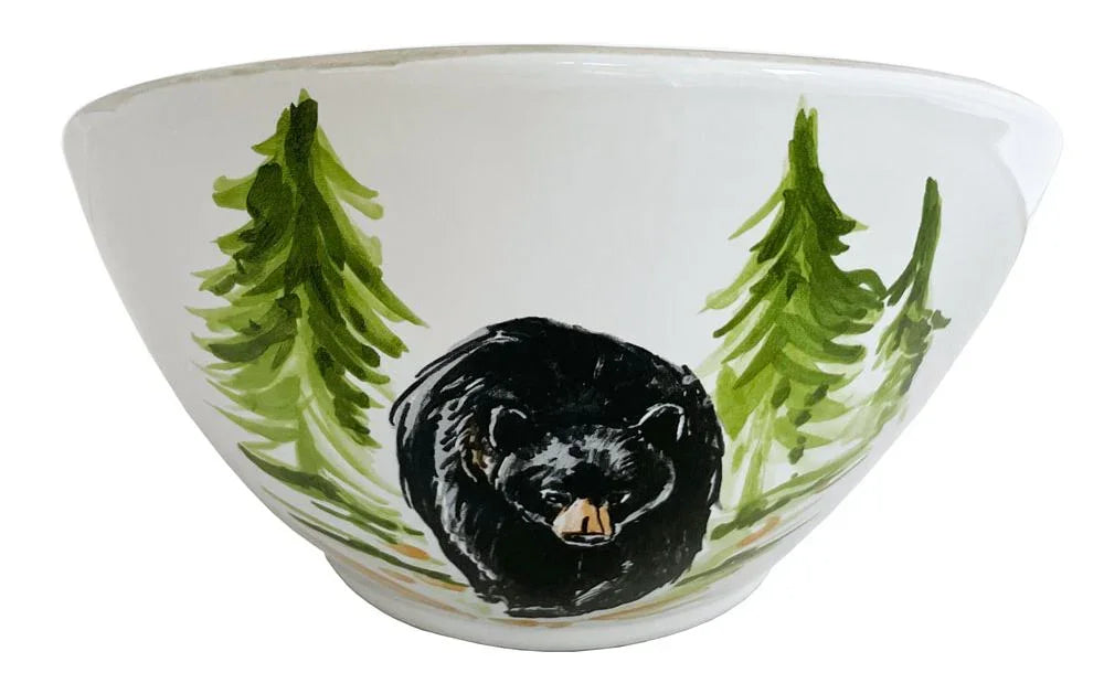 Ceramic bowl with a bear and pine tree design on a white background - Your Western Decor