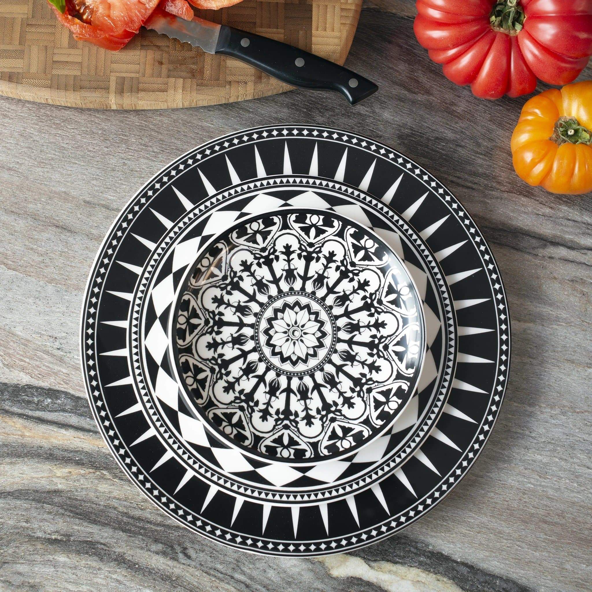 Black and white patterned porcelain plates. Made in the USA. Your Western Decor