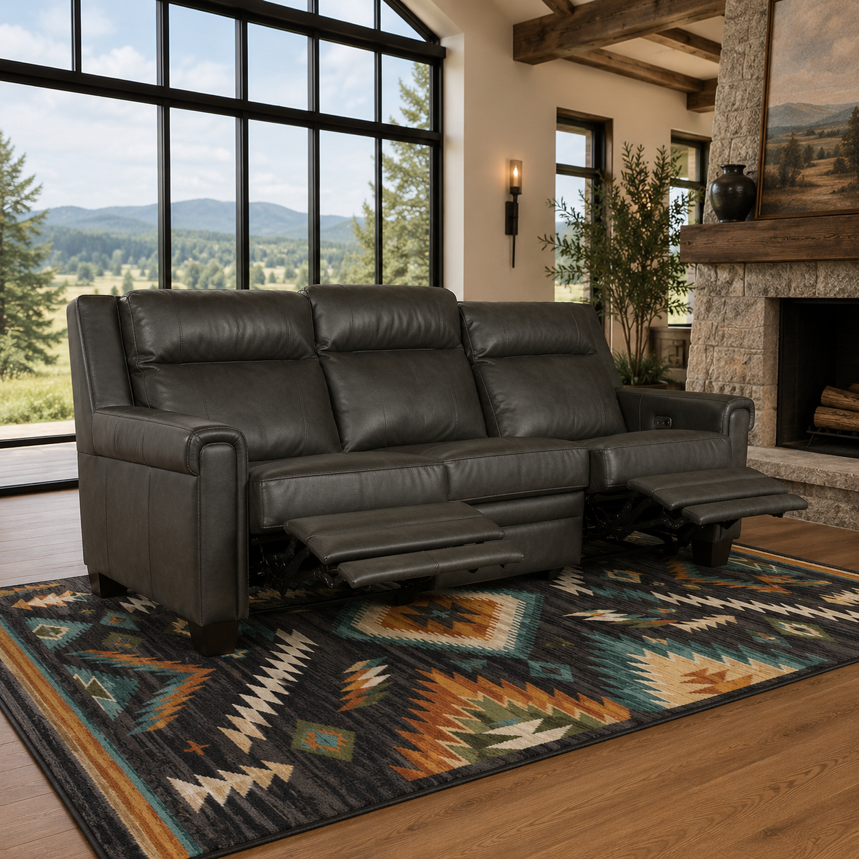 Black Canyon zero wall reclining leather sofa with power recliners in dark gray premium leather and Grand Lodge Horizon Gem Southwestern Area Rug