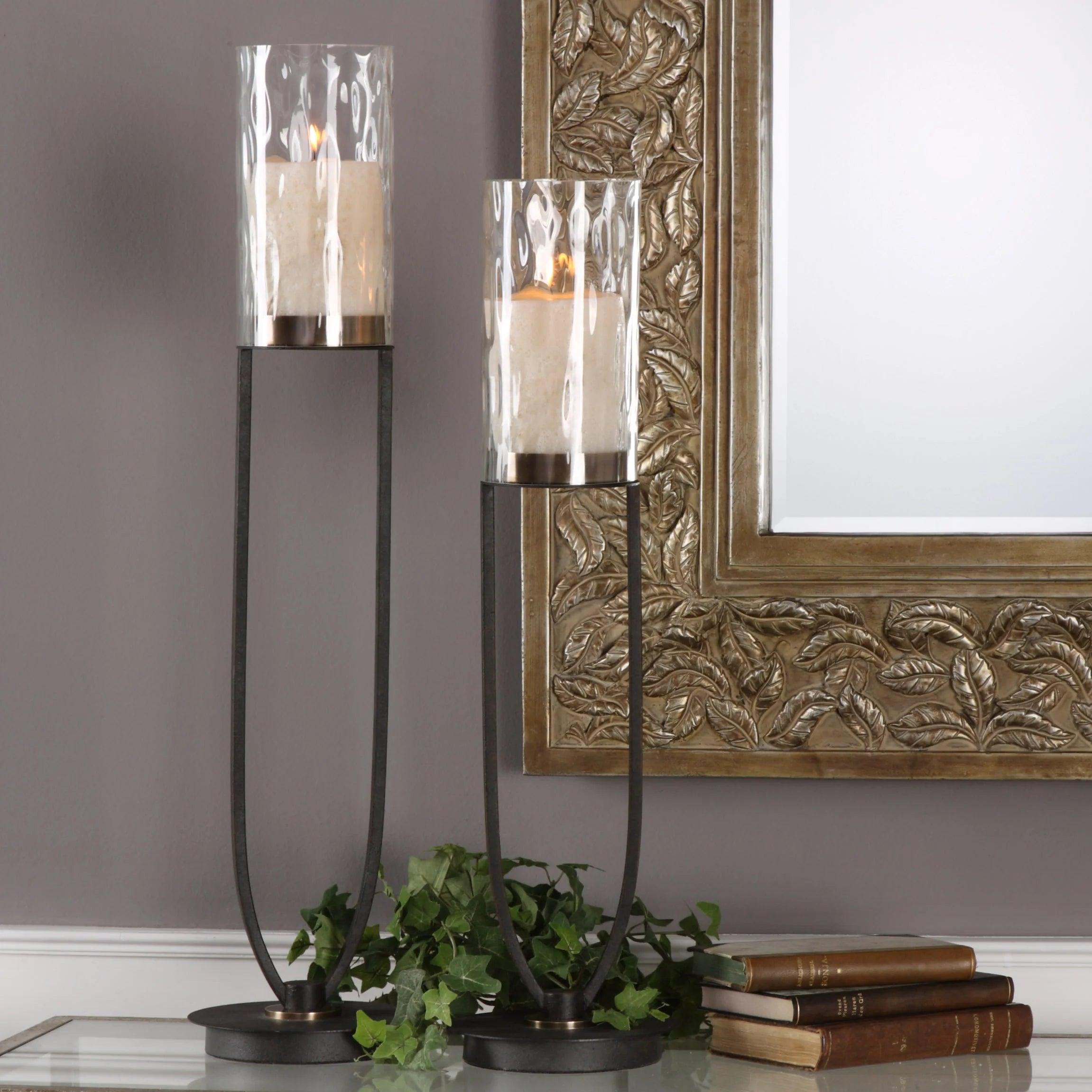 Durango Black Iron Base Candle Stands with water glass globes and beige candles - Your Western Decor