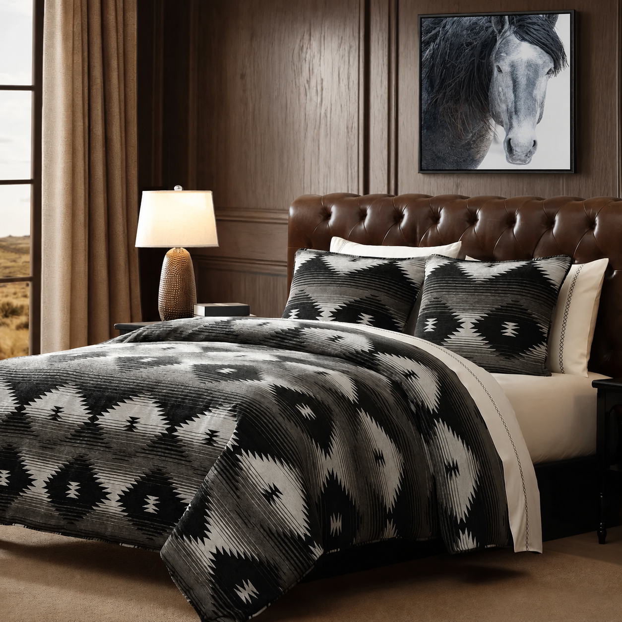 Black grey and white Mesa Southwestern comforter set with Wild Grey canvas horse art over bed 