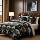 Black grey and white Mesa Southwestern comforter set with Wild Grey canvas horse art over bed 