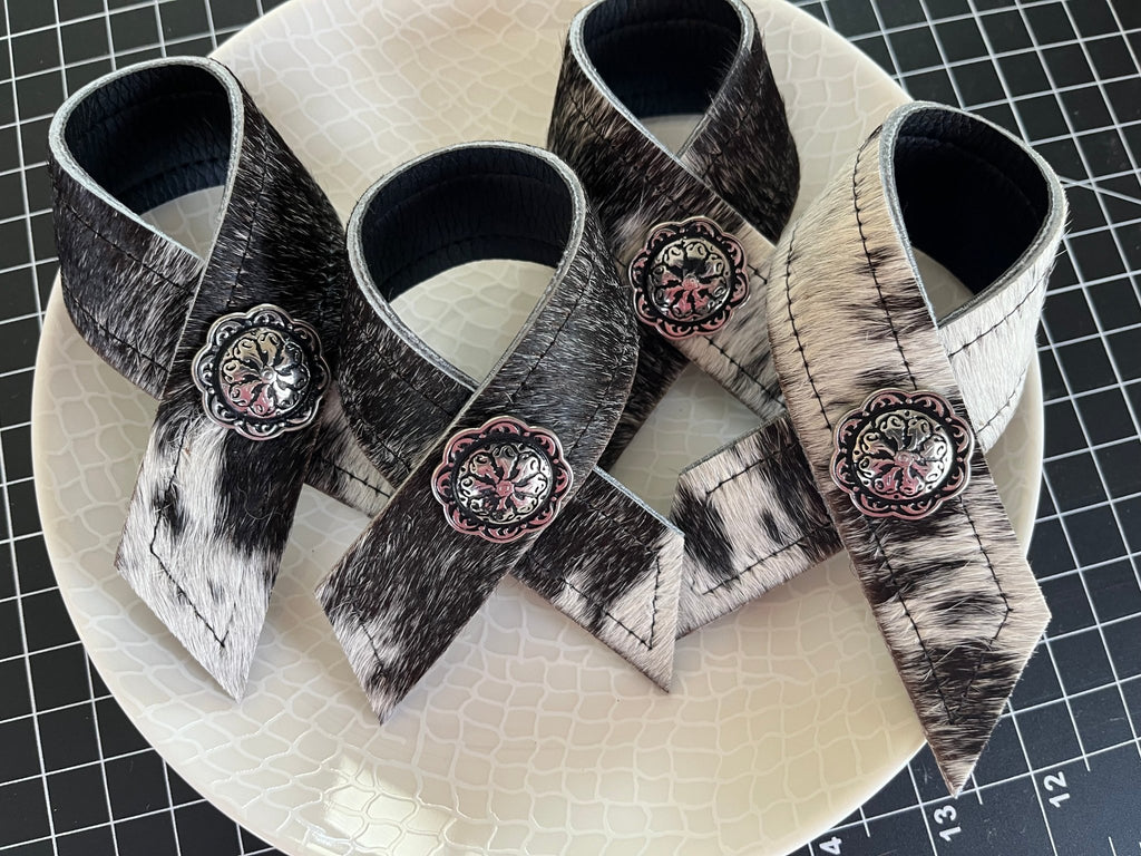 2-pc set Black White Cowhide & Concho Napkin Rings handmade at Your Western Decor