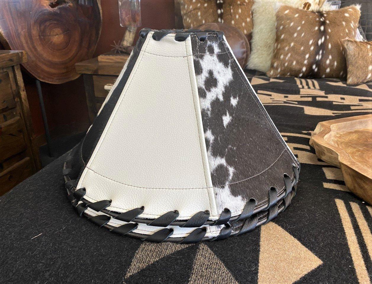 Black and white cowhide and leather custom made lamp shades made in the USA - Your Western Decor