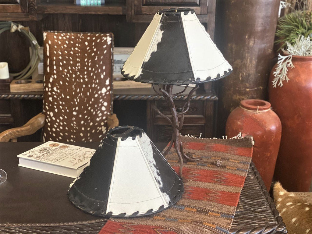 Black and white cowhide and leather custom made lamp shades made in the USA - Your Western Decor