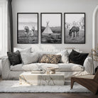 western horse tipi triptych wall art black white fine art print set black wood frame