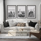 western horse tipi triptych wall art black white fine art print set. black frame white border