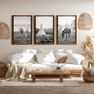 western ranch wall decor horse and tipi fine art prints set, natural dark wood frame