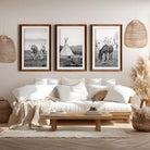 western ranch wall decor horse and tipi fine art prints set, dark natural wood frame with white border