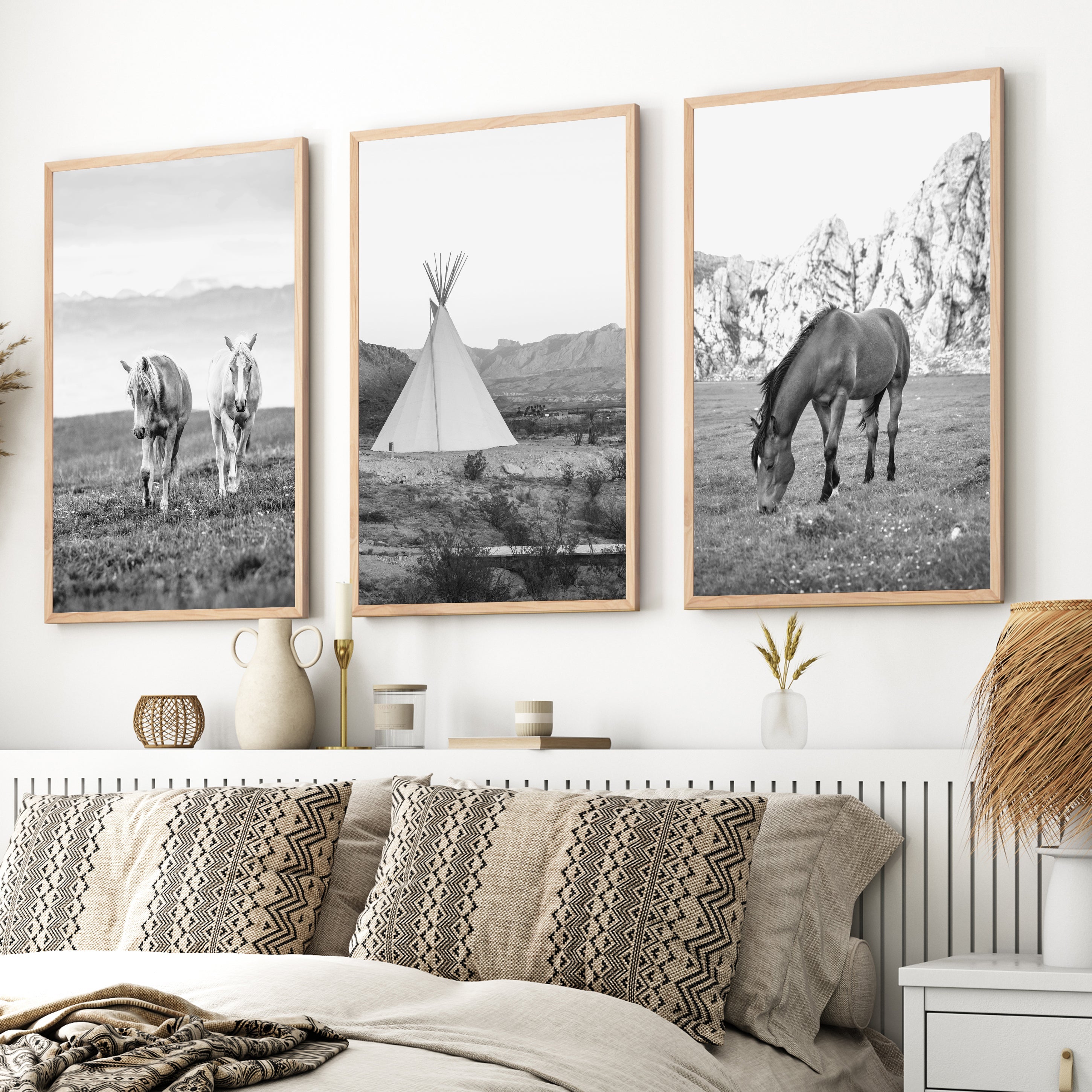 3 piece western wall art set horses landscape minimalist decor, natural light wood frame