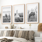 3 piece western wall art set horses landscape minimalist decor. Natural light wood frame with white border