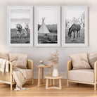 lodge style wall art horse photography triptych fine art prints, white frame, white border
