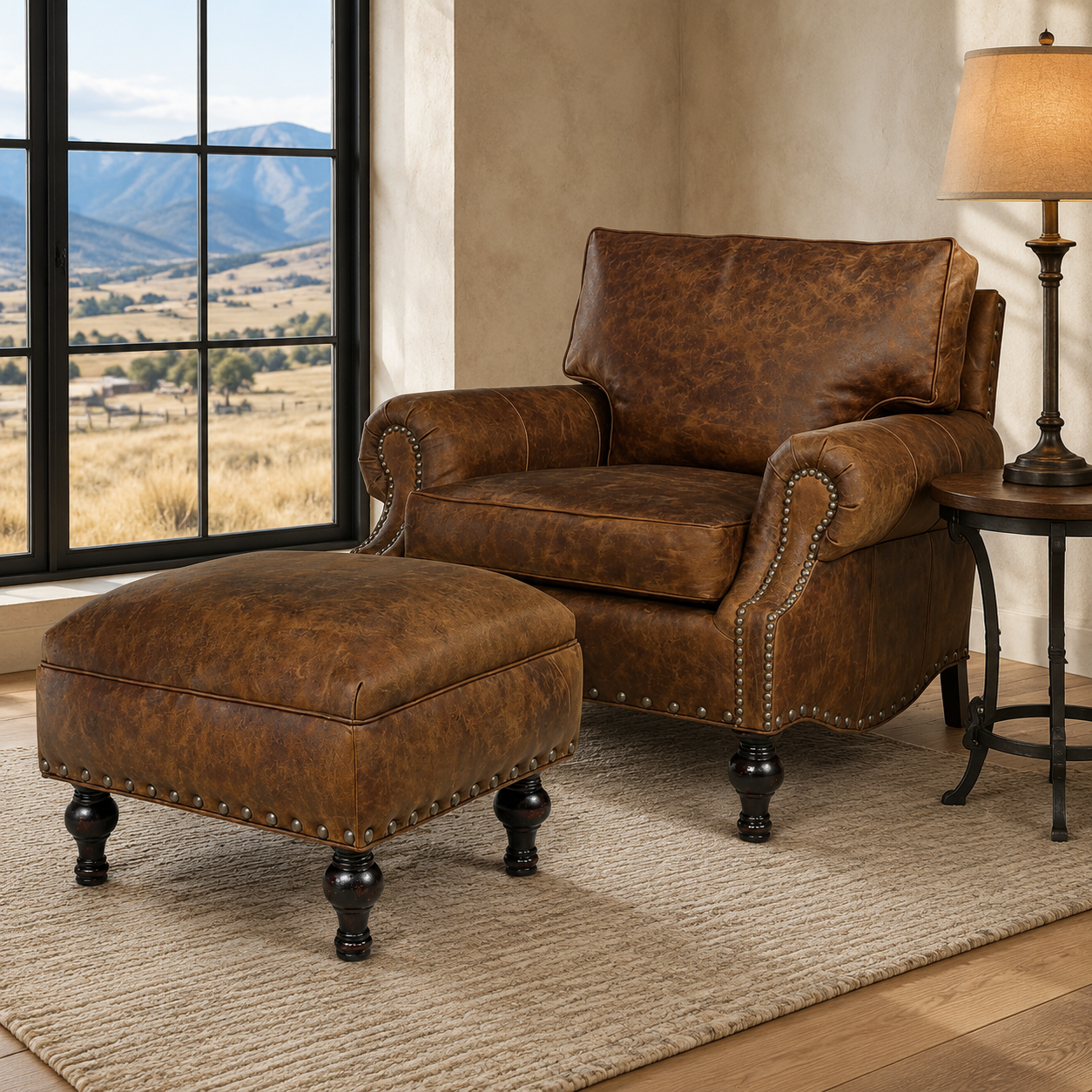 A rustic brown leather armchair with matching ottoman, set in a styled room with a window showing a mountain landscape, a side table with a lamp, and a textured rug.