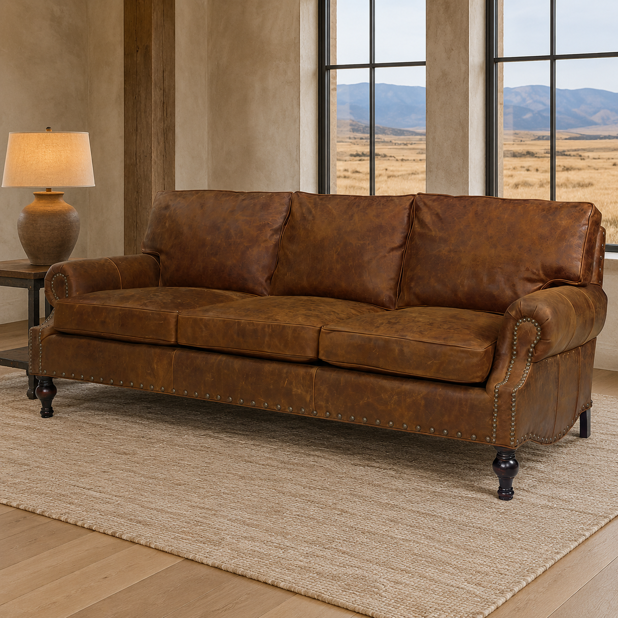 A rustic brown leather loveseat sofa with rolled arms, nailhead trim, and dark turned legs, staged in a living room with a side table, lamp, and large windows showing a mountain landscape.