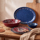 Blue bandana western melamine serving platter, red serving bowl, and dinnerware 