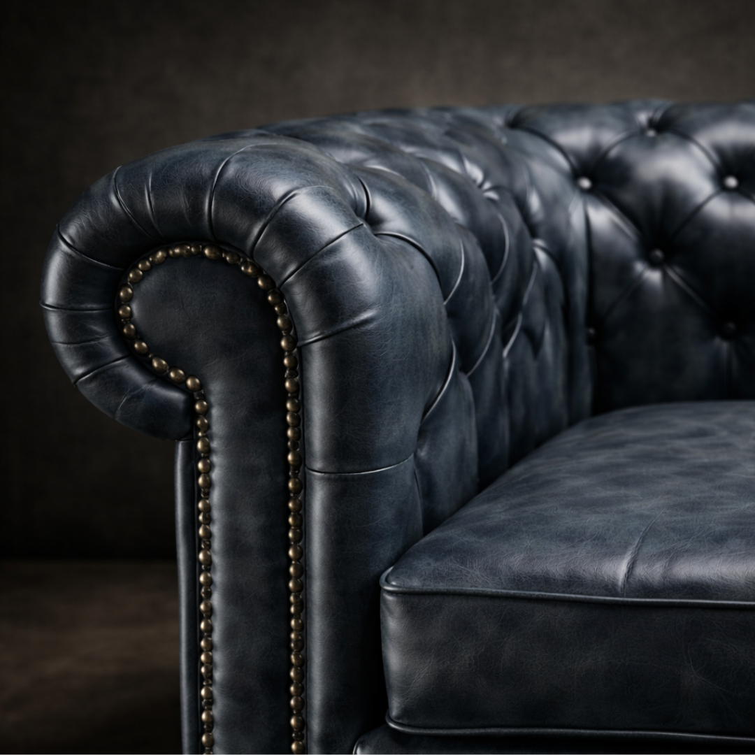 Close-up of a dark blue tufted leather Chesterfield sofa arm with brass nailhead trim against a dark studio background.