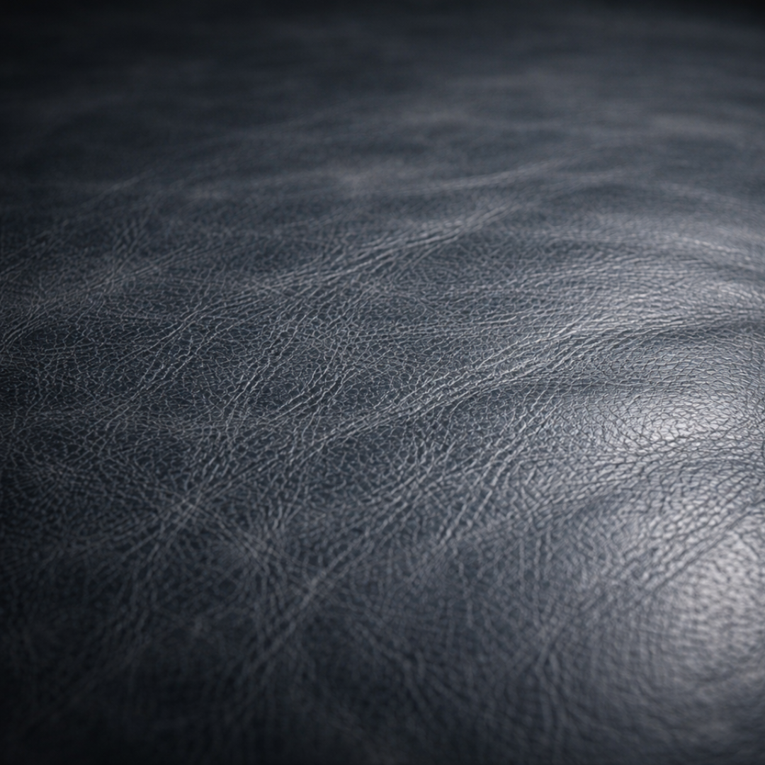 Close-up of dark blue gray textured leather with visible grain and subtle sheen.