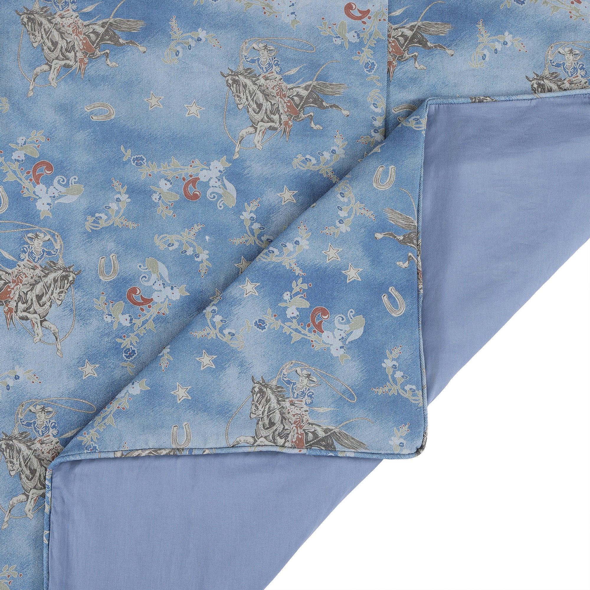 Blue duvet with horse and floral pattern on a white background