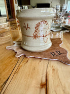Blue mountain brands mug with barbed wire, ranch brands, and horse