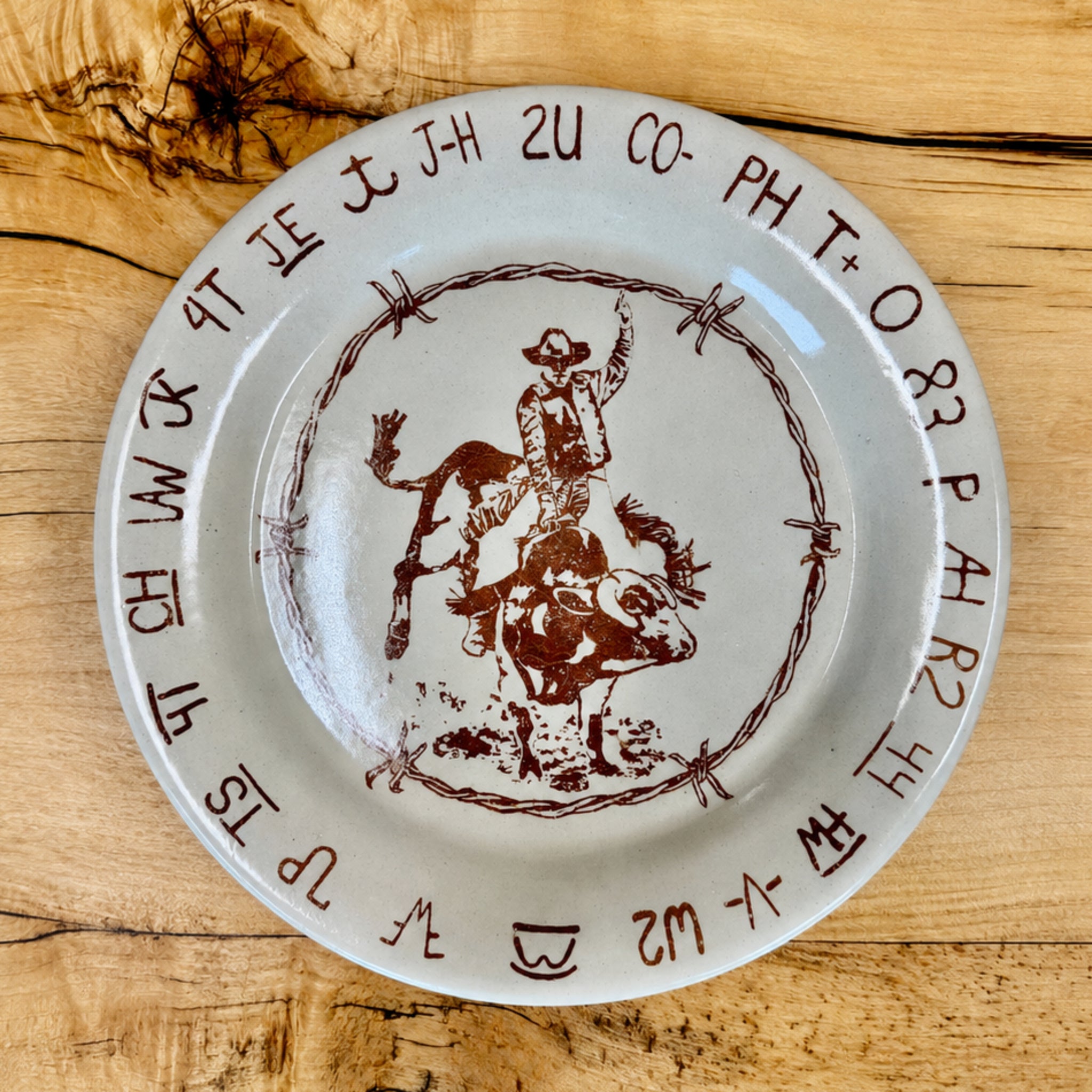 Blue Mountain Brands bull riding and brands western dinner plate handmade in Pendleton, Oregon 