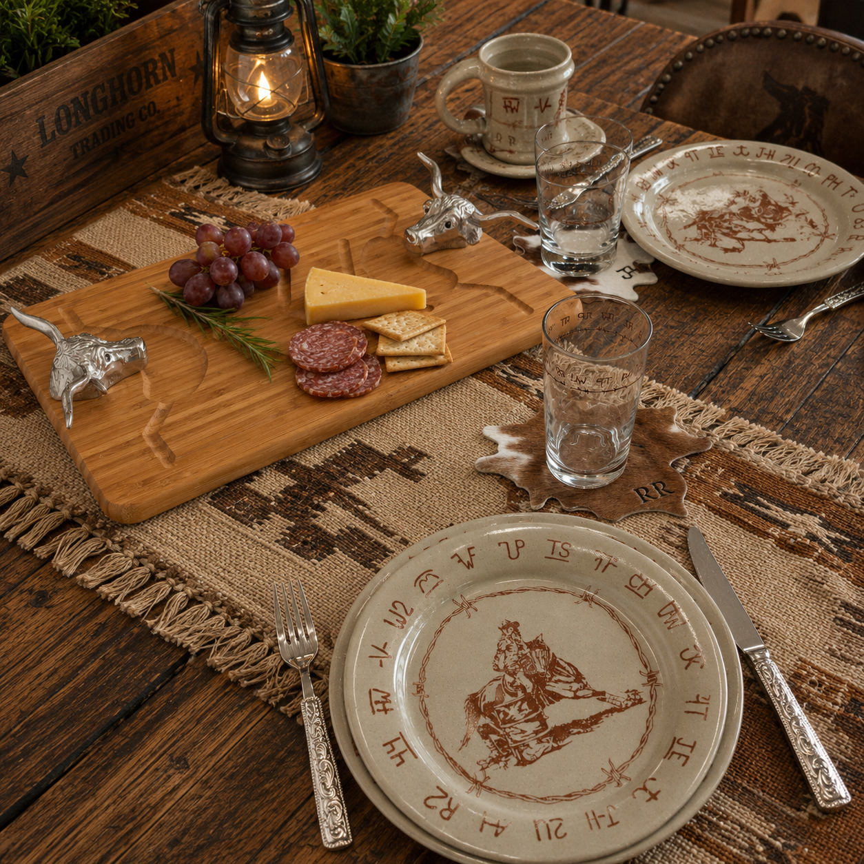 Dining table setup with a wooden cutting board, western plates, glasses, and cutlery on a rustic wooden table.