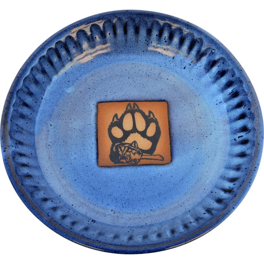 Handmade ceramic pie pan with wolf and paw print. Made in the USA. Your Western Decor