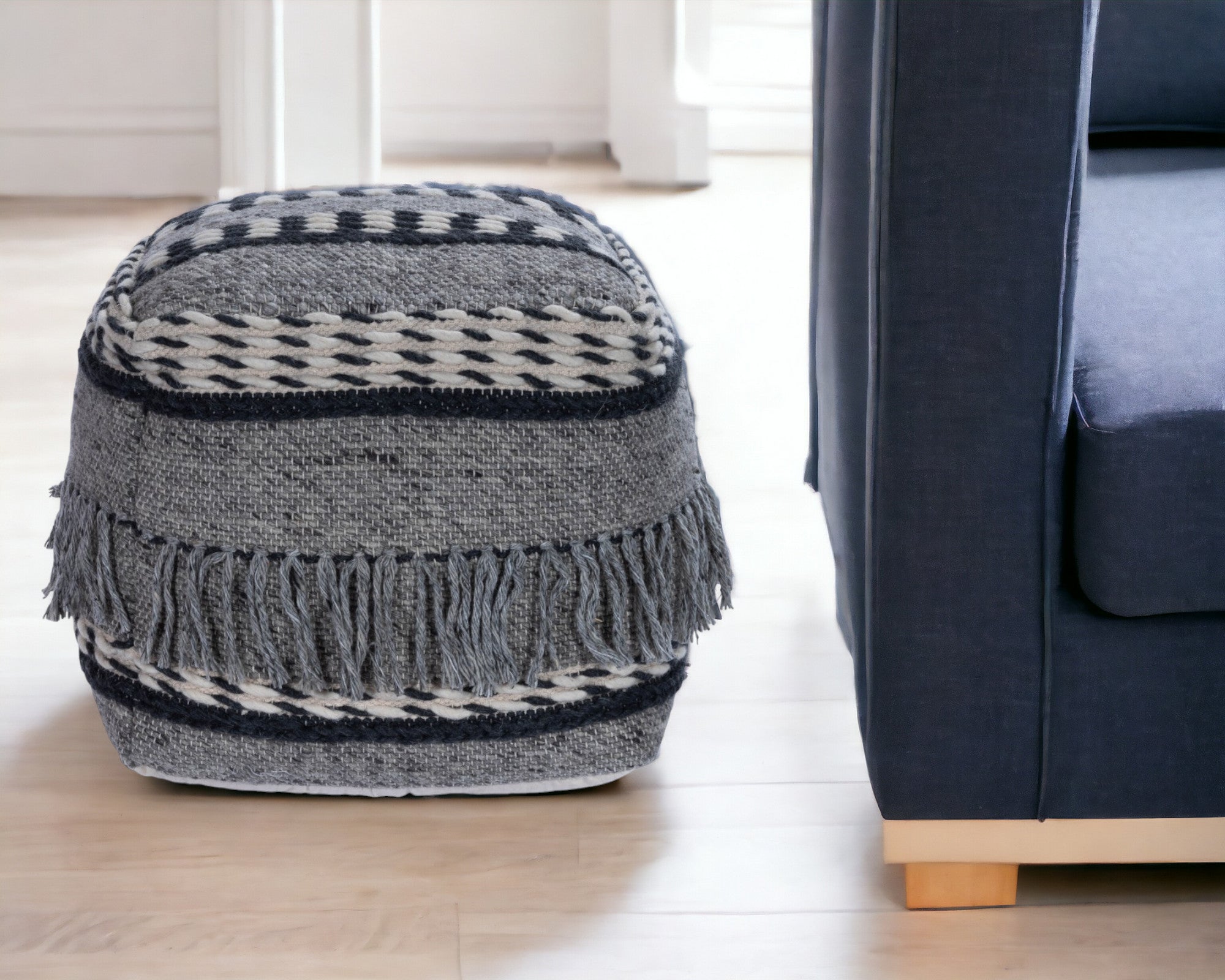 Boho grey, black, and white cube ottoman - Your Western Decor