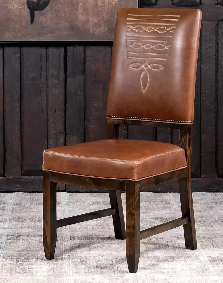 Boot Leg Western Dining Chair, brown leather with boot-stitched back - American made - Your Western Decor