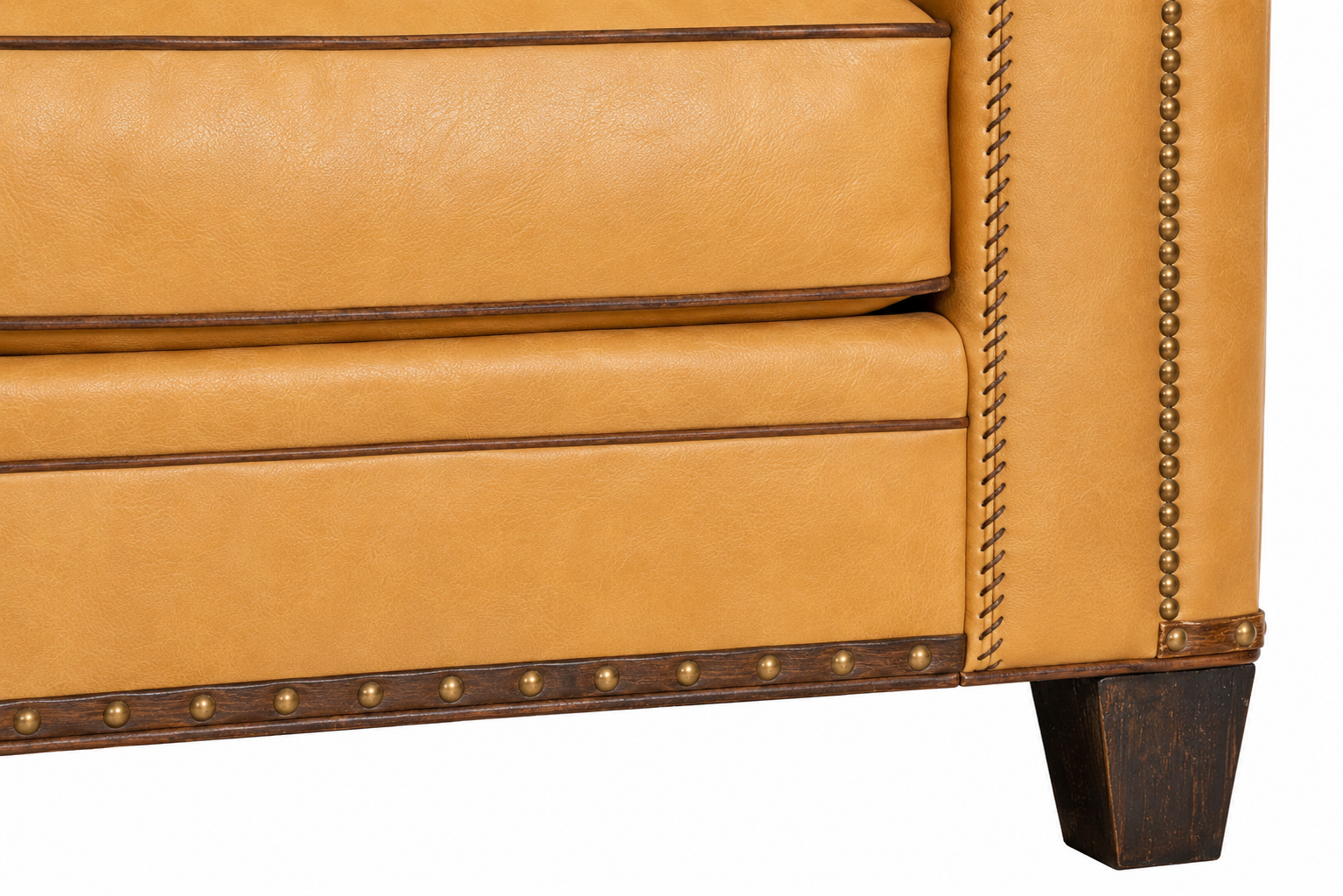 Detail of nail trim, gimp, and leather whip-stitching on leather sofa 
