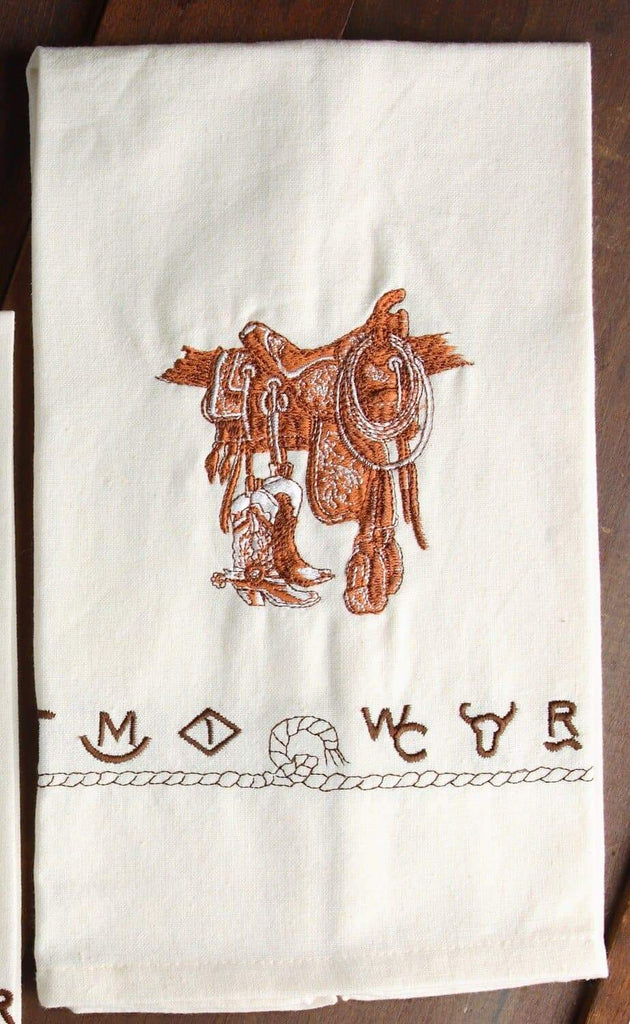 Embroidered boots, saddle, brands, rope kitchen dish towels, set of 4, ivory
