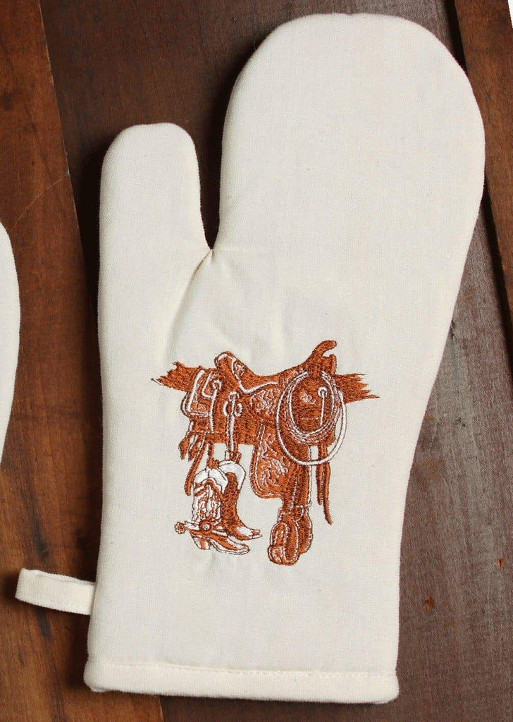 ivory oven mitt with embroidered boots and saddle 2 piece set - Your Western Decor