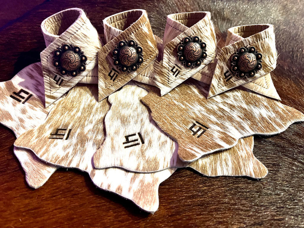Custom branded cowhide concho napkin rings and coasters - Handmade in Oregon by Randee McKague, Your Western Decor