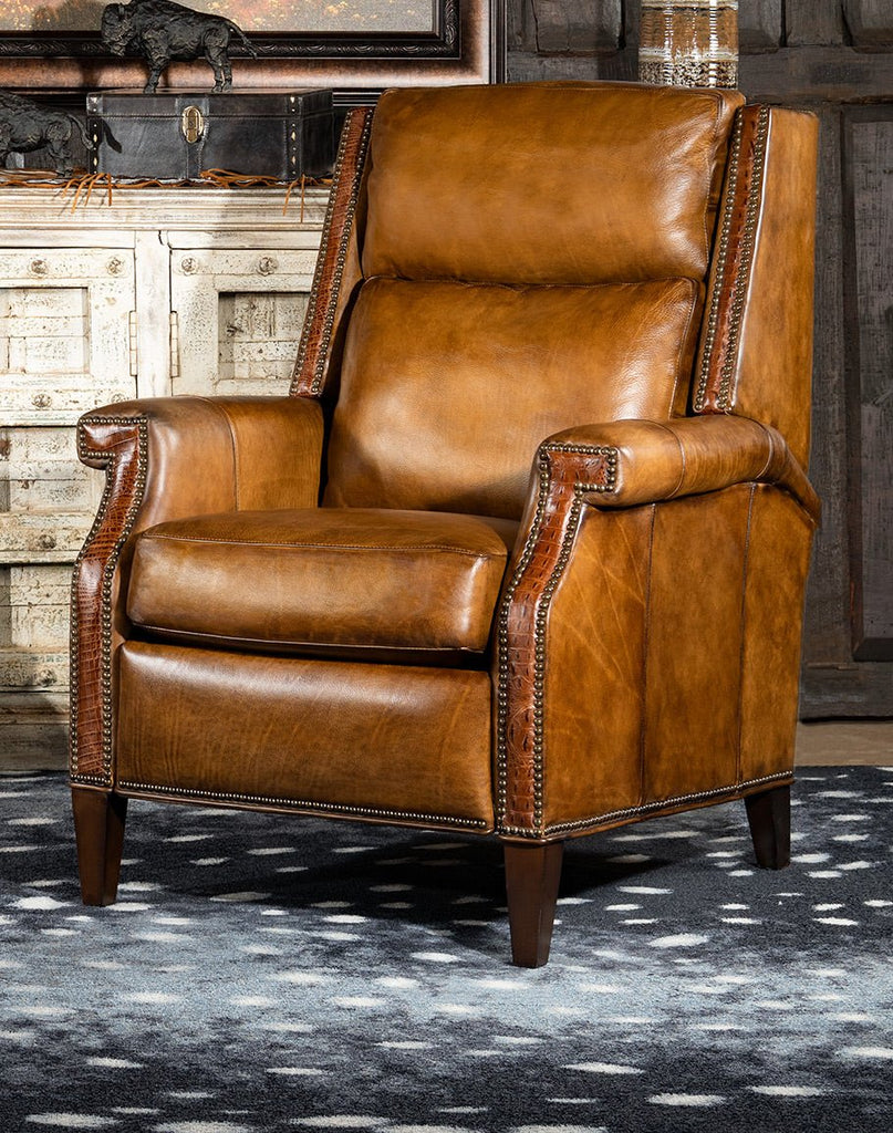 Brando Saddle Leather Recliner and Black Axis Area Rug - Made in the USA - Your Western Decor