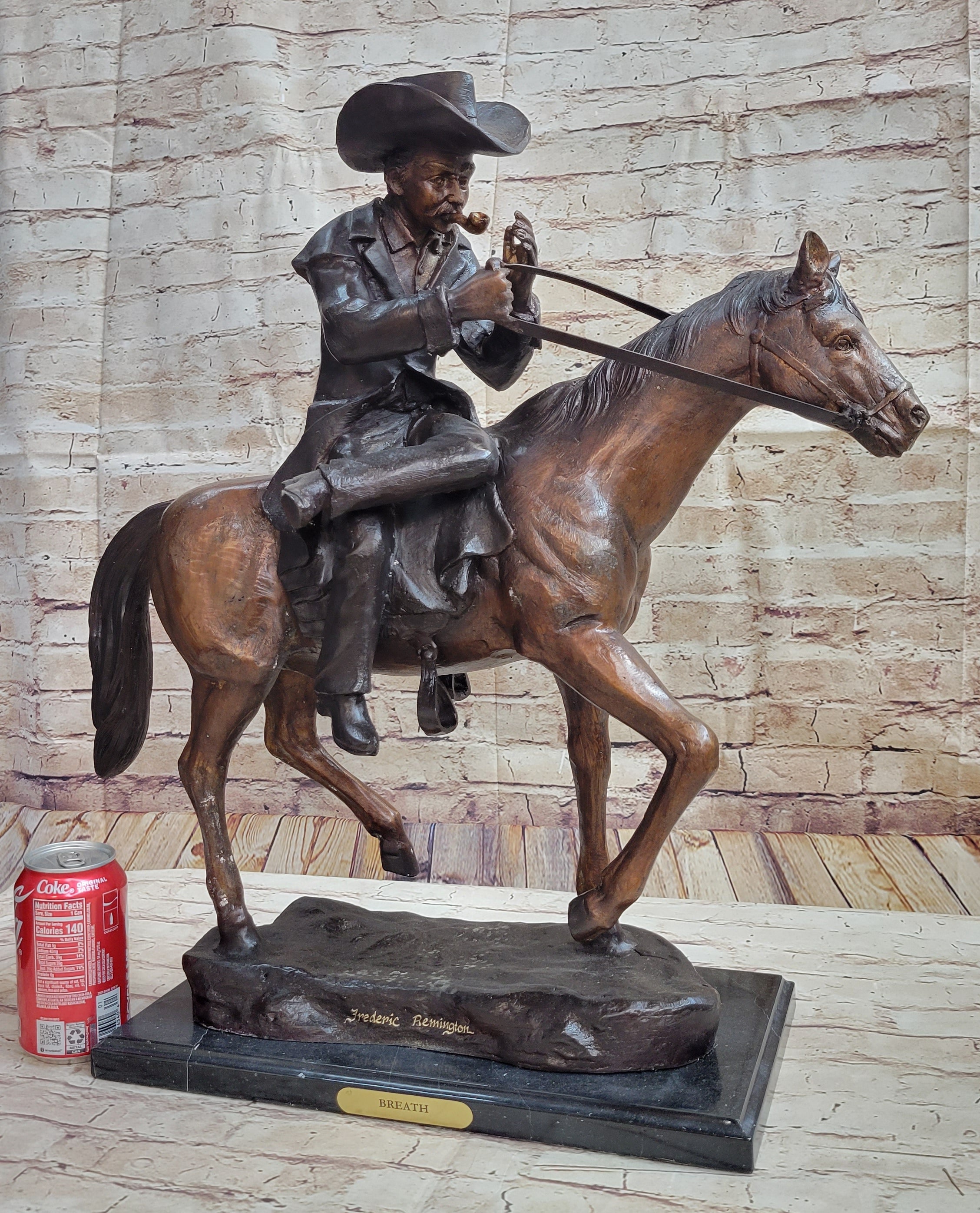 Breath Cowboy Lighting Pipe on Horse, bronze sculpture by Frederic Remington - Your Western Decor