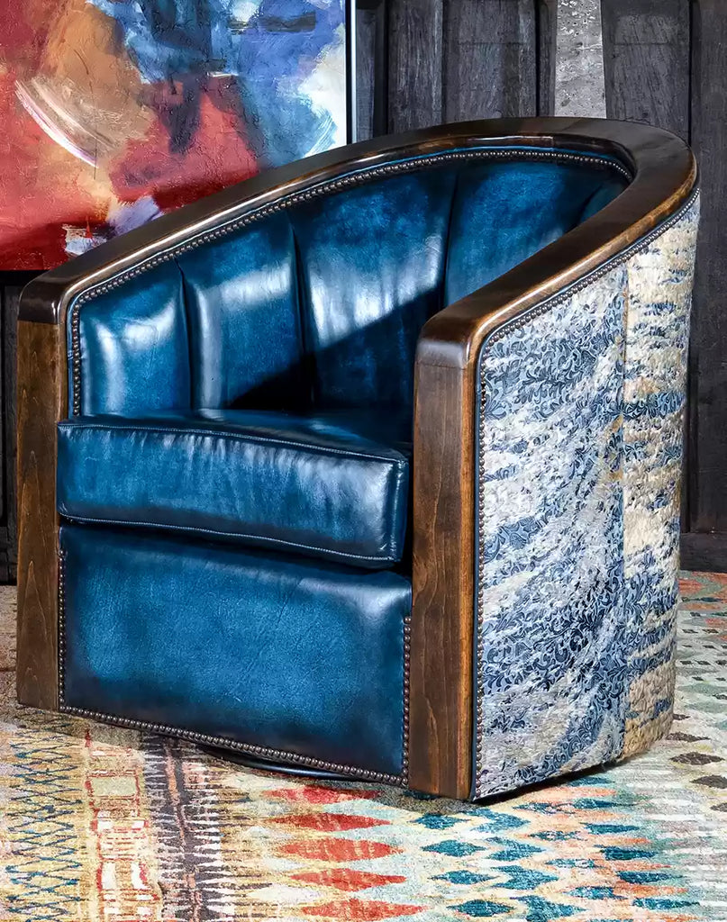 American Made Blue Leather Swivel Barrel Chair - Your Western Decor